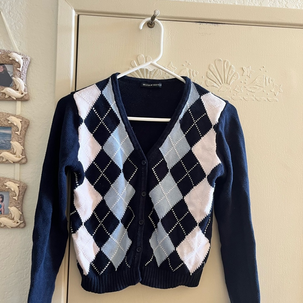 Forever 21 Navy and White Argyle Cardigan